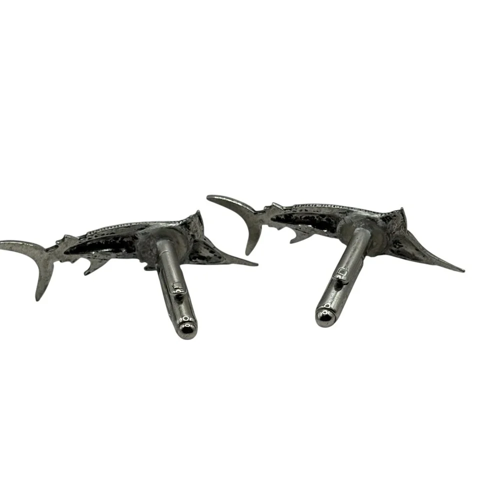 Swordfish Cufflinks Mid Century Silver Tone Marlin Fish Ocean‎ VTG Fishing READ